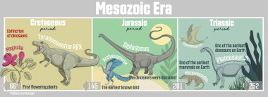 Mesozoic Era: Geological timeline spanning from the Triassic period, through the Jurassic period, and into the Cretaceous period. Often referred to as the 