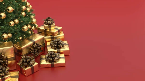 Weihnachtsbaum Mit Goldenen Dekorationen Und Geschenken Auf Rotem Hintergrund Weihnachten — Stockfoto