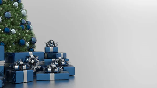 Vánoční Stromek Modrými Ozdobami Dárky Stříbrném Pozadí Vánoční Pozadí Kopírovací — Stock fotografie