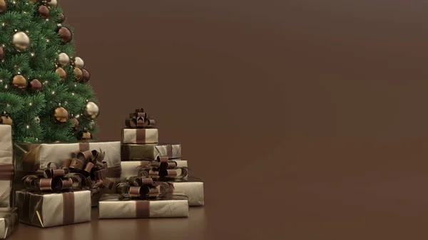 Weihnachtsbaum Mit Bronzeschmuck Und Geschenken Auf Braunem Hintergrund Weihnachten Hintergrund — Stockfoto