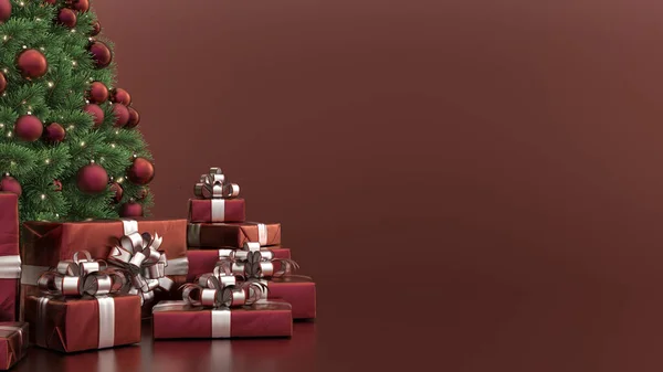 Albero Natale Con Decorazioni Rosse Regali Sfondo Rosso Sfondo Natalizio — Foto Stock