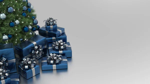 Árbol Navidad Con Decoraciones Regalos Azules Sobre Fondo Plateado Fondo Imágenes De Stock Sin Royalties Gratis