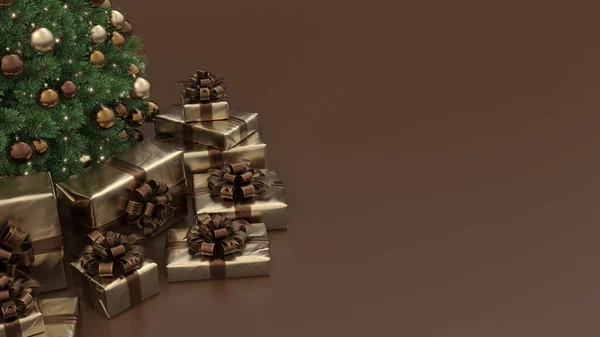 Árbol Navidad Con Decoraciones Regalos Bronce Sobre Fondo Marrón Fondo Fotos De Stock Sin Royalties Gratis
