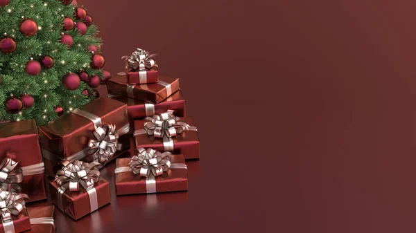 Albero Natale Con Decorazioni Rosse Regali Sfondo Rosso Sfondo Natalizio Foto Stock