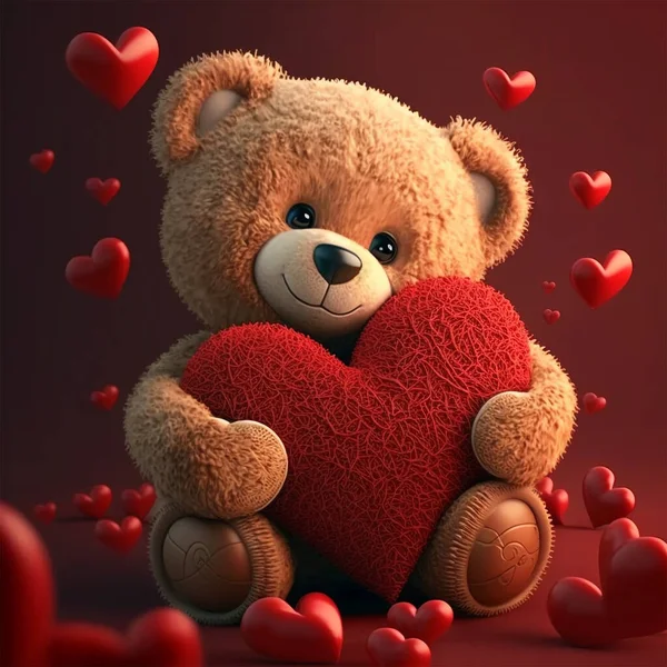 Cute Teddy Bear Hugging Big Red Heart Valentine Day Concept — Stockfoto