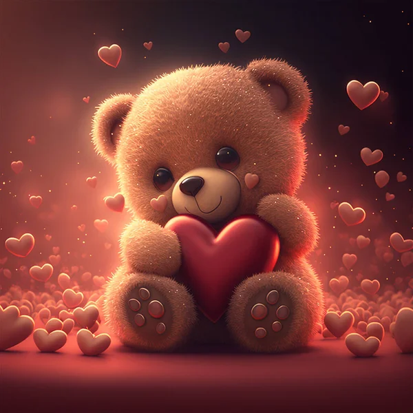 Cute Teddy Bear Hugging Big Red Heart Valentine Day Concept — Stockfoto