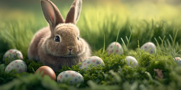 Paskalya Tavşanı Bahar Otlağında Paskalya Yumurtası Geniş Paskalya Duvar Kağıdı — Stok fotoğraf