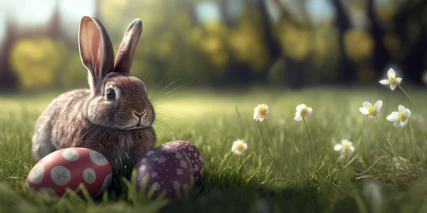 Paskalya Tavşanı Bahar Otlağında Paskalya Yumurtası Geniş Paskalya Duvar Kağıdı — Stok fotoğraf