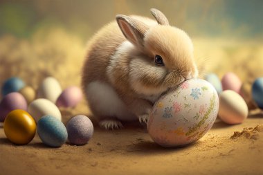 Cute little easter bunny pushing an easter egg. Easter wallpaper.