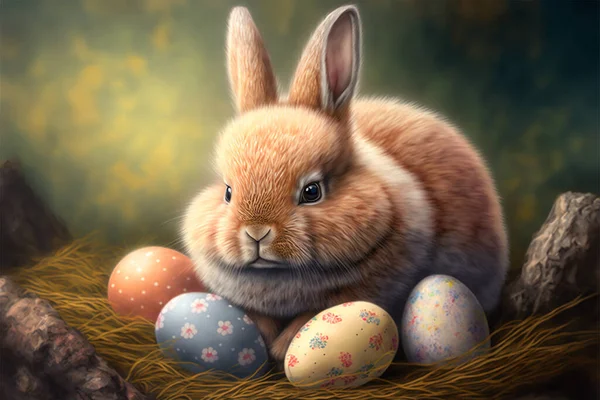 Cute Easter Bunny Easter Eggs Nest Easter Wallpaper — Stockfoto