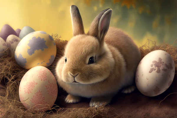 Cute Easter Bunny Easter Eggs Nest Easter Wallpaper — Stockfoto