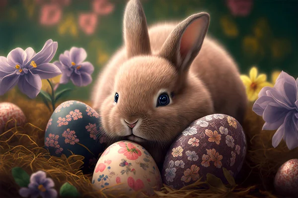 Easter Bunny Easter Eggs Flowers Nest Easter Wallpaper — Stockfoto