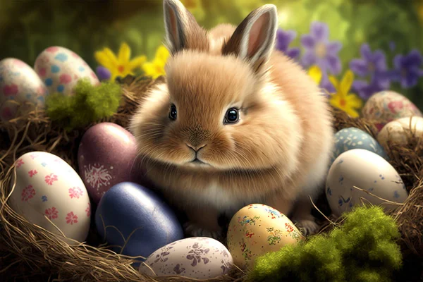 Cute Little Easter Bunny Easter Eggs Flowers Nest Easter Wallpaper — Stockfoto