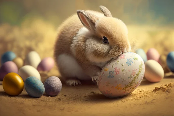 Милий Маленький Пасхальний Кролик Штовхає Пасхальне Яйце Великодні Шпалери — стокове фото