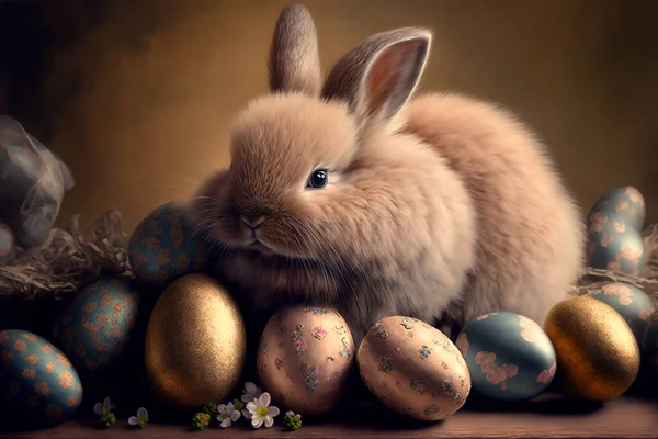 Big Fluffy Easter Bunny Easter Eggs Easter Wallpaper — Stockfoto