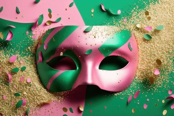 Carnival Mask Colorful Confetti Streamers Carnival Background — Photo