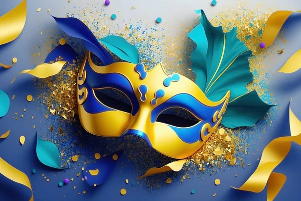 Faschingsmaske Mit Buntem Konfetti Und Luftschlangen Karnevalshintergrund Stockbild