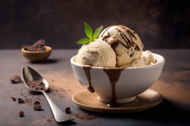 A bowl of delicious coffee ice cream on a dark background.