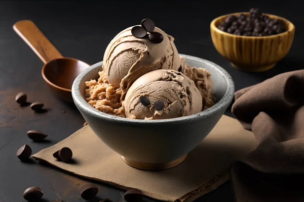 A bowl of delicious coffee ice cream on a dark background.