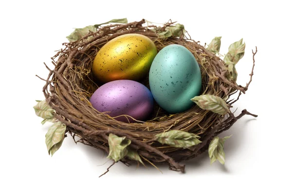 Colorful Easter Eggs Nest Isolated White Background Easter Concept Εικόνα Αρχείου