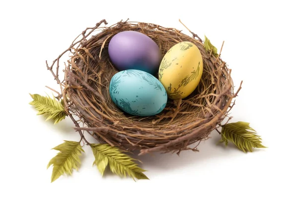 Colorful Easter Eggs Nest Isolated White Background Easter Concept Stock Fotografie