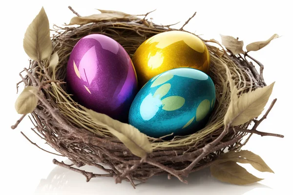 Colorful Easter Eggs Nest Isolated White Background Easter Concept 免版税图库图片