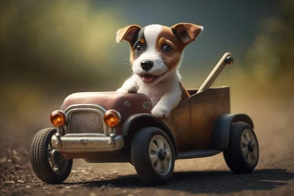 A puppy dog driving a vintage pedal car.