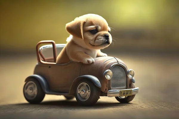 A puppy dog driving a vintage pedal car.