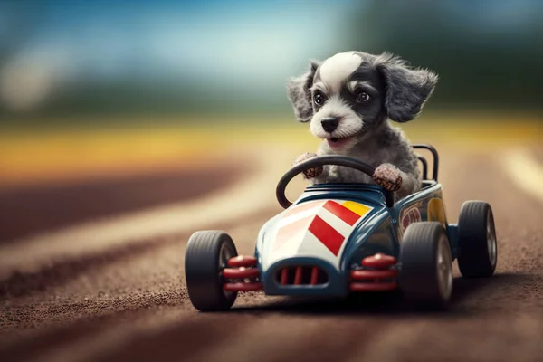 ヴィンテージのペダルカーを運転する子犬の犬 — ストック写真