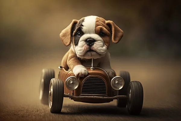 ヴィンテージのペダルカーを運転する子犬の犬 ストック画像