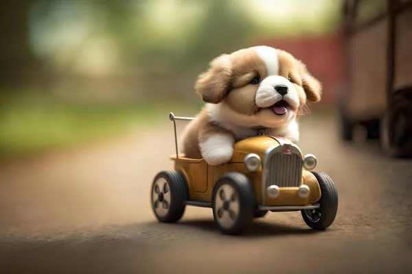 ヴィンテージのペダルカーを運転する子犬の犬 ストック写真