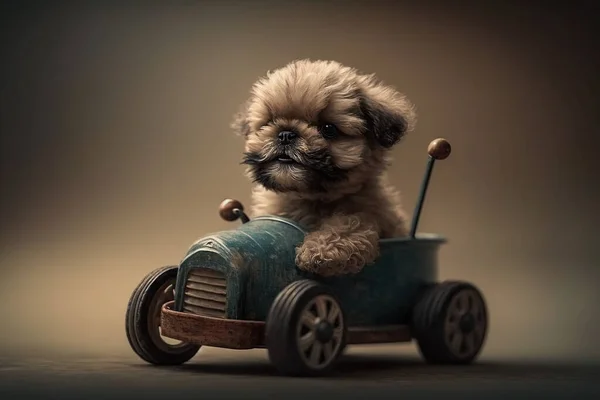 ヴィンテージのペダルカーを運転する子犬の犬 ロイヤリティフリーのストック画像