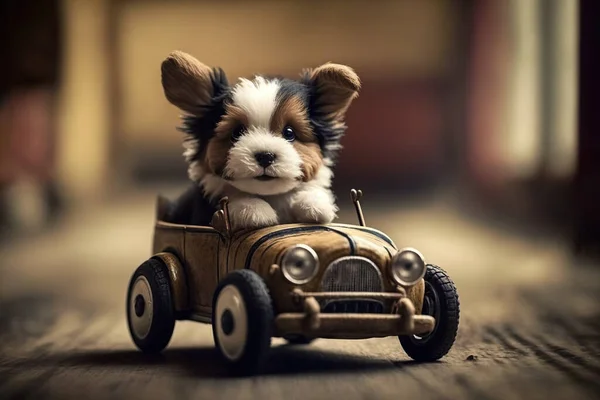 Щенячий Собака Керує Старовинною Педальною Машиною Ліцензійні Стокові Фото