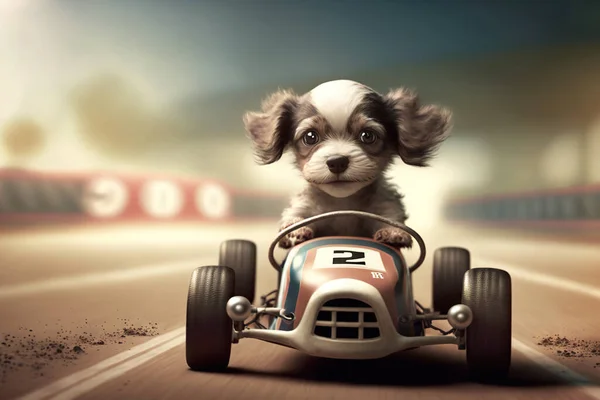 ヴィンテージのペダルカーを運転する子犬の犬 ストック写真