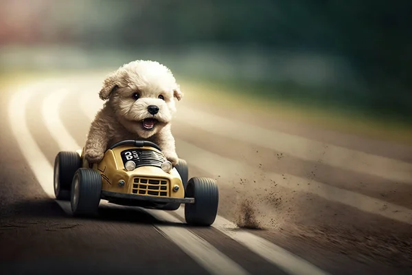 ヴィンテージのペダルカーを運転する子犬の犬 ストックフォト