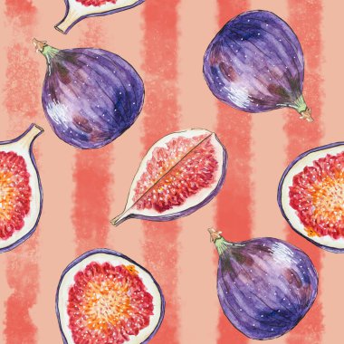 Arka planda şeritli incir meyveleri olan tropik, pürüzsüz bir desen. Çiçek ağacı dalı. Kusursuz desenli incir, kumaş markaları için parlak iz ambalaj kağıdı.