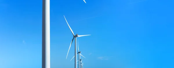 Fila Turbinas Eólicas Fondo Azul Del Cielo Banner Con Muchos — Foto de Stock
