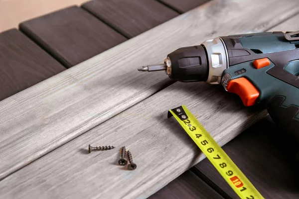 Construction Tools Equipment Wooden Boards Drill Screwdriver Nails Measuring Ruler — Stock Photo, Image