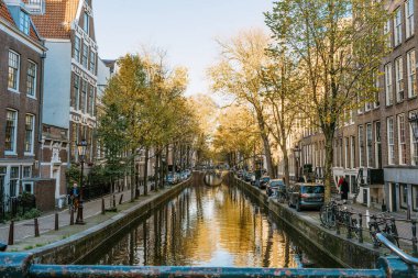 Sonbaharda tarihi binalar, bisikletler ve ağaçlarla çevrili Amsterdam kanalına zarar veren Hollanda, Amsterdam, 12.2022