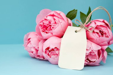 Açık mavi arkaplana yerleştirilmiş boş bir hediye etiketi, hediye etiketi şablonu, karşılama tasarımı