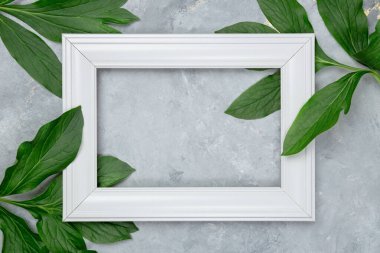 Beyaz çerçeveli botanik modeli gri desenli yeşil yapraklarla çevrili mermer arka plan, üst görünüm, düz alan, kopyala