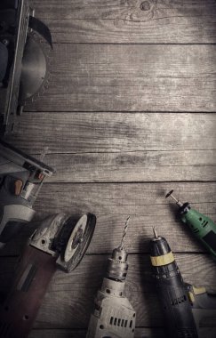 Elektrikli el aletleri (tornavida matkap gördüm jigsaw jointer) Üstten Görünüm, fotoğraf işleme: instagram