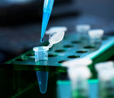 Bilim laboratuarında deney tüpleri ve mataraları olan bir bilim adamı deney yapıyor.