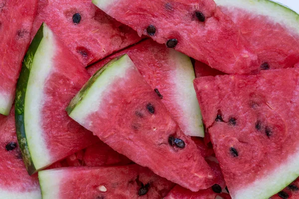 Sandías Delicioso Fondo Fruta Fresca Verano Con Rodajas Sandía Primer —  Fotos de Stock