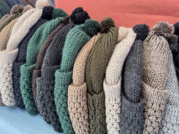 Hats Row Colorful Knitted Male Hats Shelf Store Autumn Winter Royalty Free Stock Images