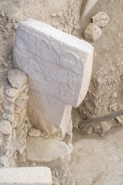 Göbekli Tepe, SanliUrfa ilinin GöbekliTepe arkeoloji sahasındaki antik taş. Dünya 'nın en eski tapınağı UNESCO Dünya Mirası' dır. Tapınakta şekilleri olan taş kalıntıları.
