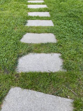 Yürüme yolu, çimenlerin üzerine beton döşemeler. Güzel yeşil çimlerin arka planında ya da yüzeyinde Stone Pathway. Baharda peyzaj. Bahçeye çimento levhaları ya da fotokopi alanı ile park