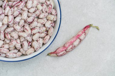 Böbrek fasulyesi, enfes kırmızı fasulye, gri ve fotokopi alanı. Masada çiğ taze yaz sebzeleri. Fotokopi alanı ile yemek malzemeleri konsepti. Vejetaryen diyeti. sebze protein bileşenleri