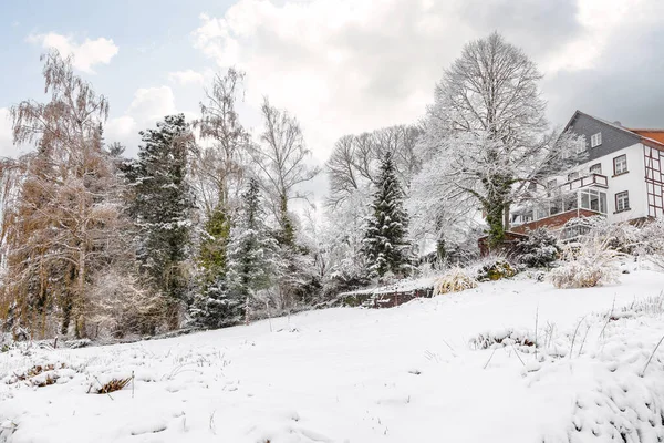 冬の古代ヨーロッパの町 雪に覆われた木々や丘の上の家 美しい風景 — ストック写真