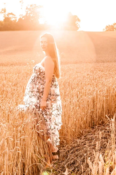 Pregnant Woman Wheat Field Sunset Summer — Stock Photo, Image